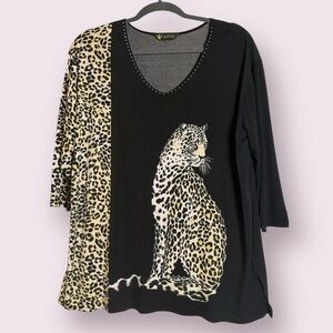 Valentina Black and Tan Rhinestone Cheetah 3/4 Sleeve Blouse XL